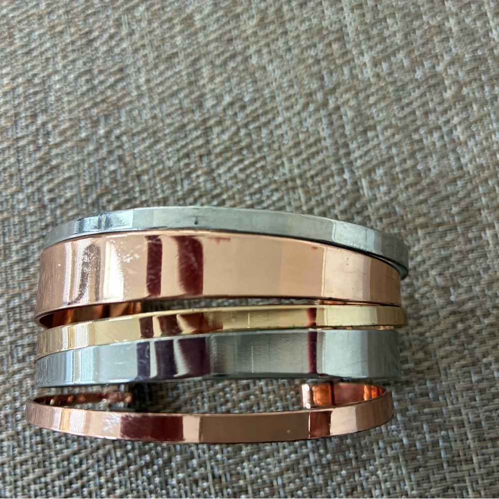 Elegant Silver, Gold, and Rose Gold Bangle Set